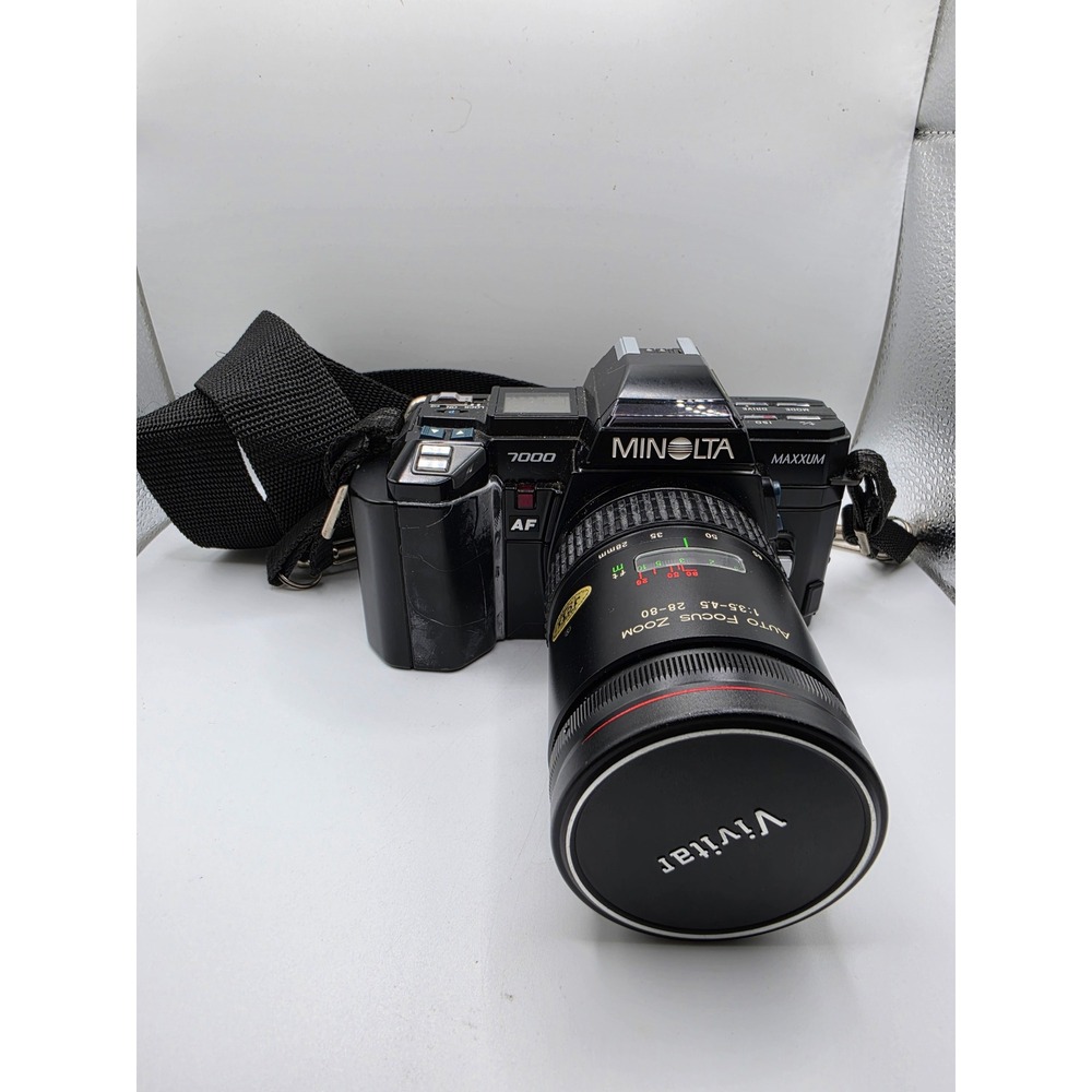 Vintage Minolta Maxxum 7000 35mm Film Camera 2 Lenses Vivitar Accessories Kit